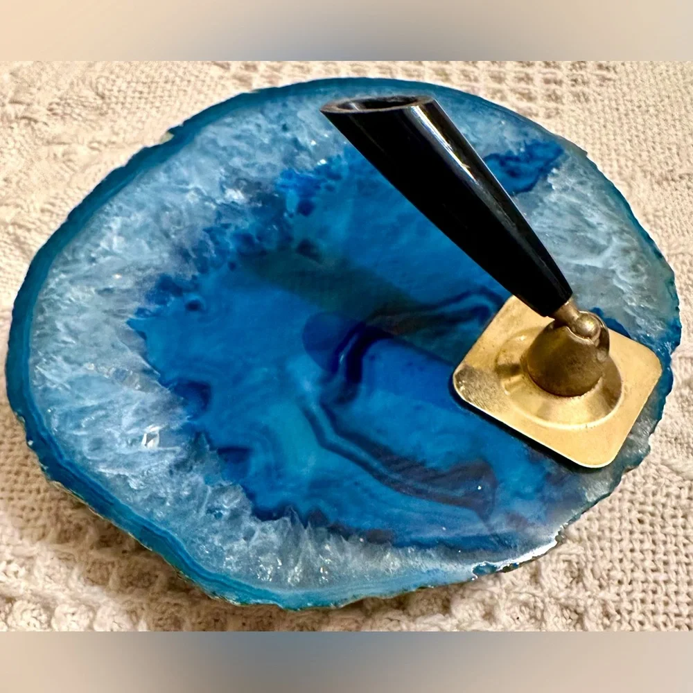 Stunning Blue Agate Slice Pen Holder Polished For Desk